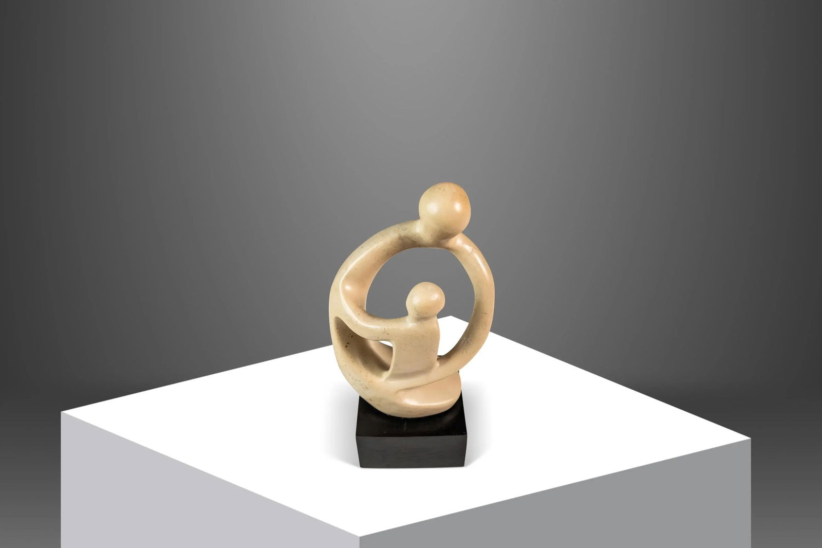 Mid-Century Abstract Modern "Parent & Child" Marble Stone Sculpture W/ Wooden Base, Kenya, C. 1980's - 7