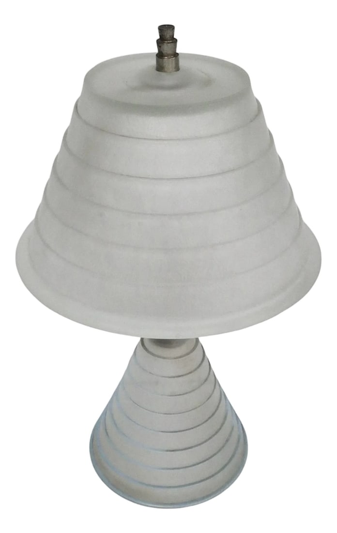 Art Deco Stepped Glass Skyscraper Lamp C. 1930's: Charming diminutive Art Deco table, boudoir, bedside lamp, having a conical stepped glass base, with opposing conical stepped glass shade. The glass is finished in a frosted mat surface, with