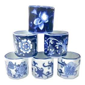 Vintage Chinoiserie Blue & White Porcelain Napkin Rings With Floral Pattern- Set of 4