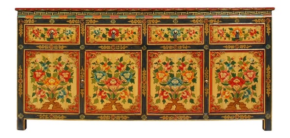 Chinese Tibetan Color Flower Graphic Credenza Sideboard Console Cabinet