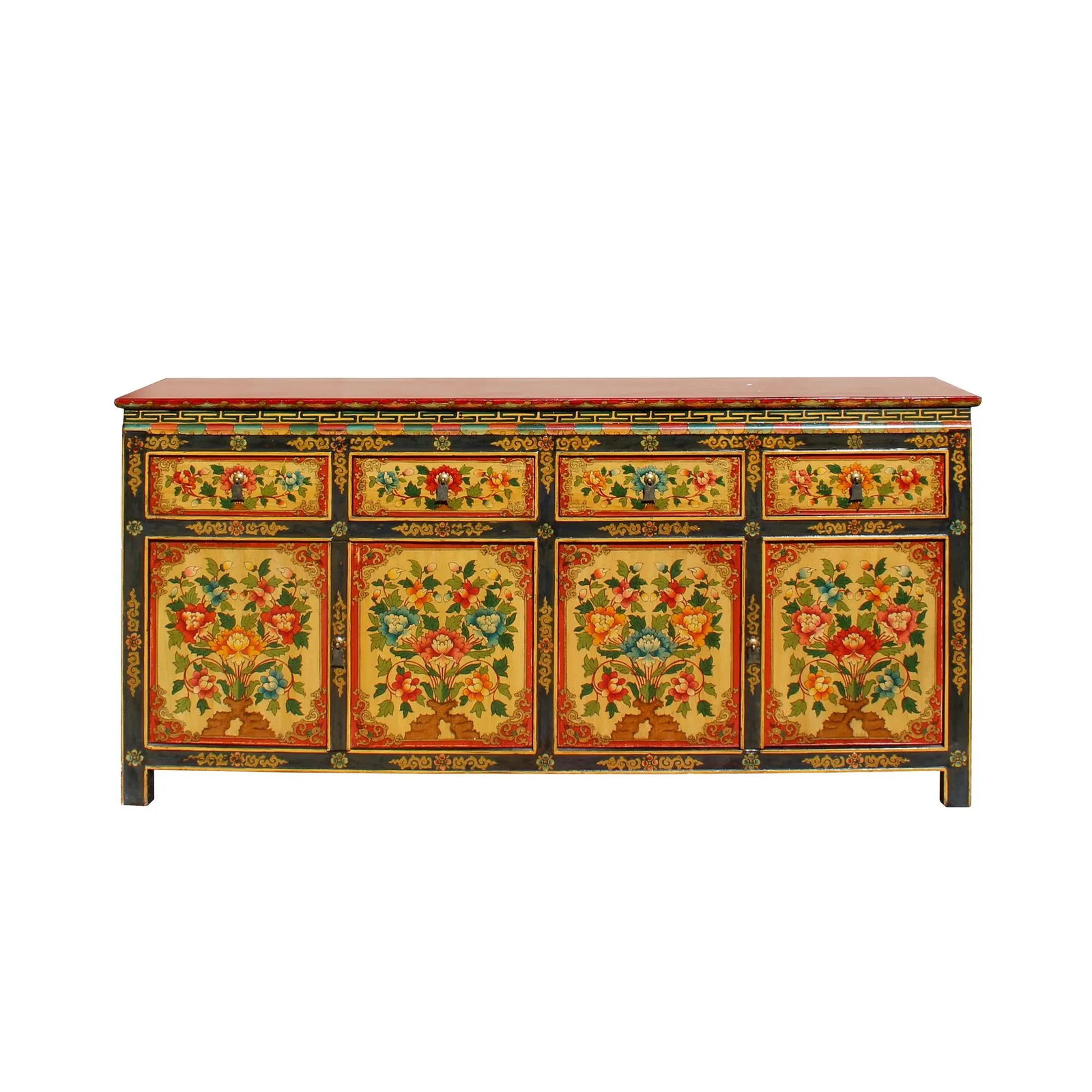 Chinese Tibetan Color Flower Graphic Credenza Sideboard Console Cabinet - 2