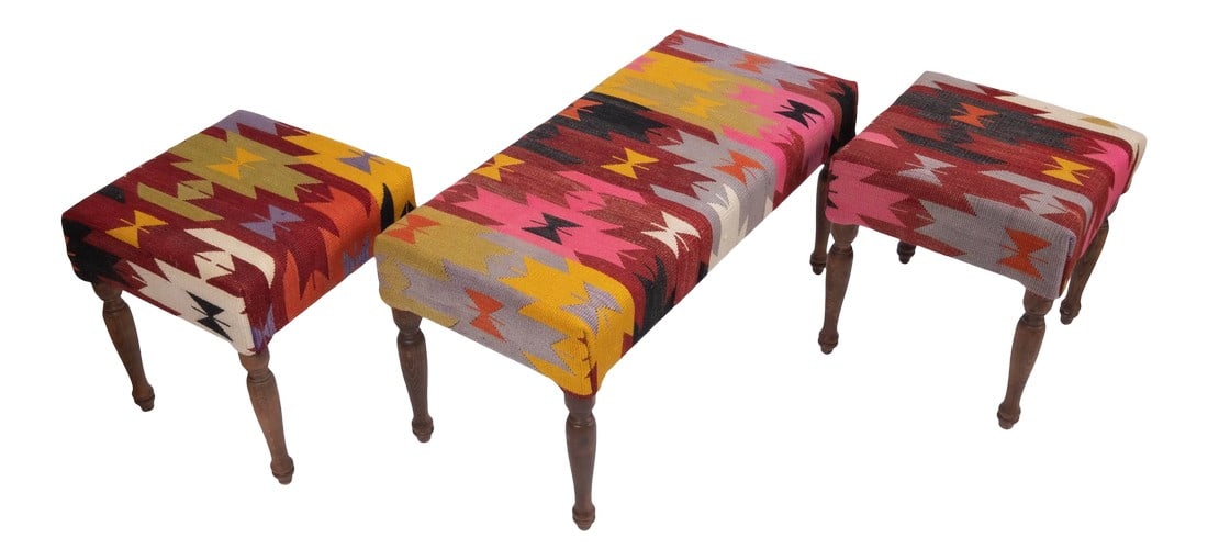 Kilim Bench Upholstered With Turkish Kilim Rug: Set of 3 Turkish Kilim Bench, Kilim Bench Upholstered With Vintage Turkish Kilim Rug, Ottoman Footstool, Coffee Dimensions: Bench 18 "Height (45 Cm) 35.4" Length (90 Cm) 15.7" Width (40 Cm) Foot Stool