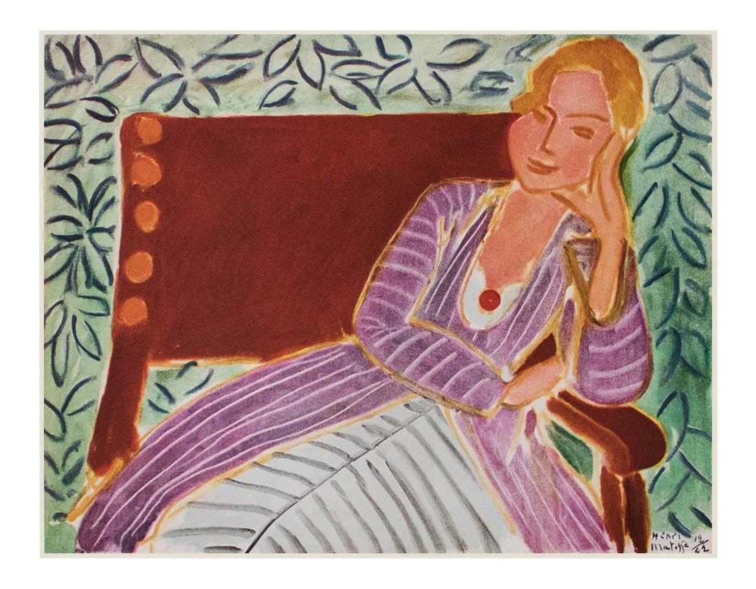 1946 After H. Matisse "Girl in the Persian Dress", First Edition Lithograph/Pablo Picasso Collection: An excellent vintage First Edition period offset lithograph, full-color print, of painting "Girl in the Persian Dress" (1942), also known as "Seated Young Woman" by Henri Matisse. Comes from a rare