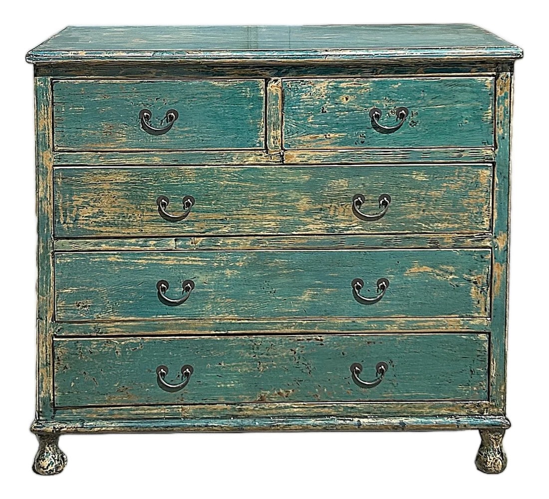 Distressed Teal Blue Green 5 Drawers Credenza Storage Sideboard Cabinet: Introduce a captivating blend of vintage charm and practical storage to your home with this stunning distressed teal blue-green credenza. Each piece is a unique work of art, featuring a beautifully ag