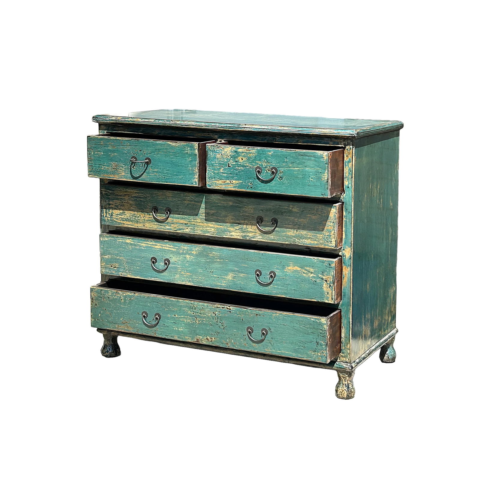Distressed Teal Blue Green 5 Drawers Credenza Storage Sideboard Cabinet - 5
