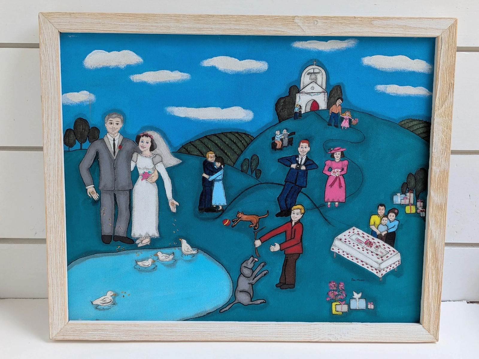 Pam Moffit Folk Art Wedding Painting – Naive Style Acrylic on Canvas 17.5" X 21.5" - 2