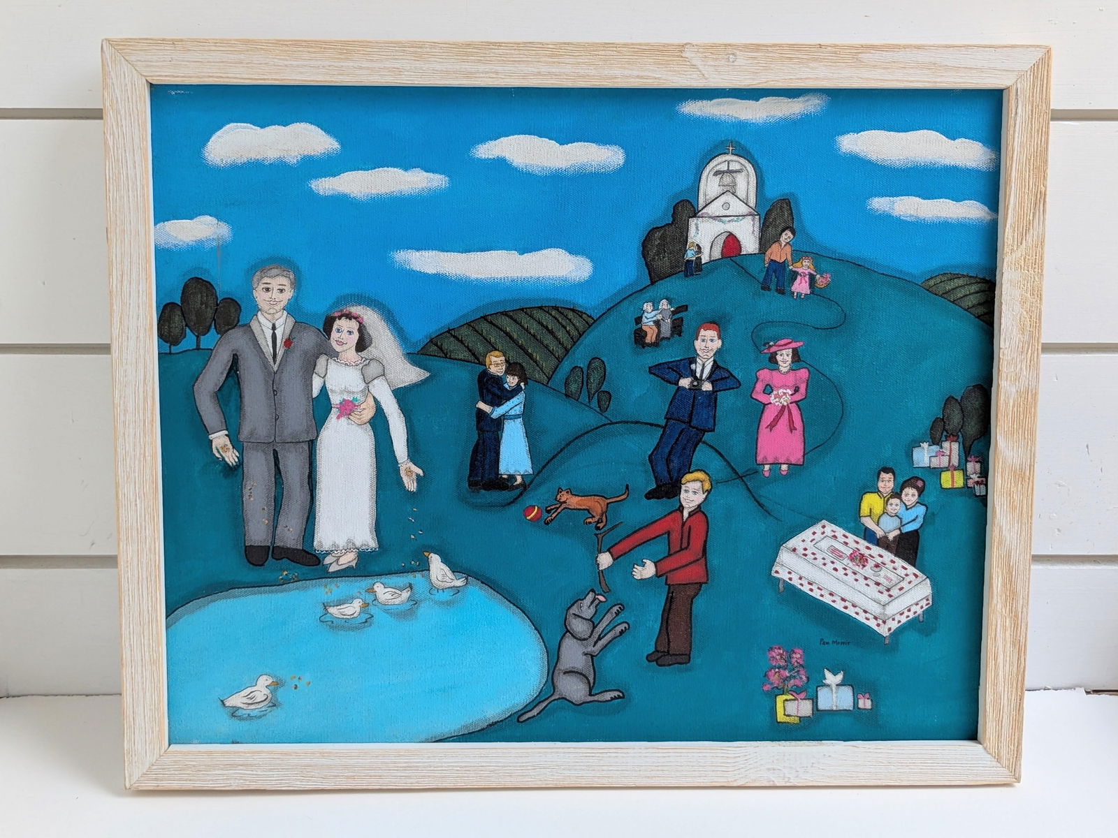 Pam Moffit Folk Art Wedding Painting – Naive Style Acrylic on Canvas 17.5" X 21.5" - 5