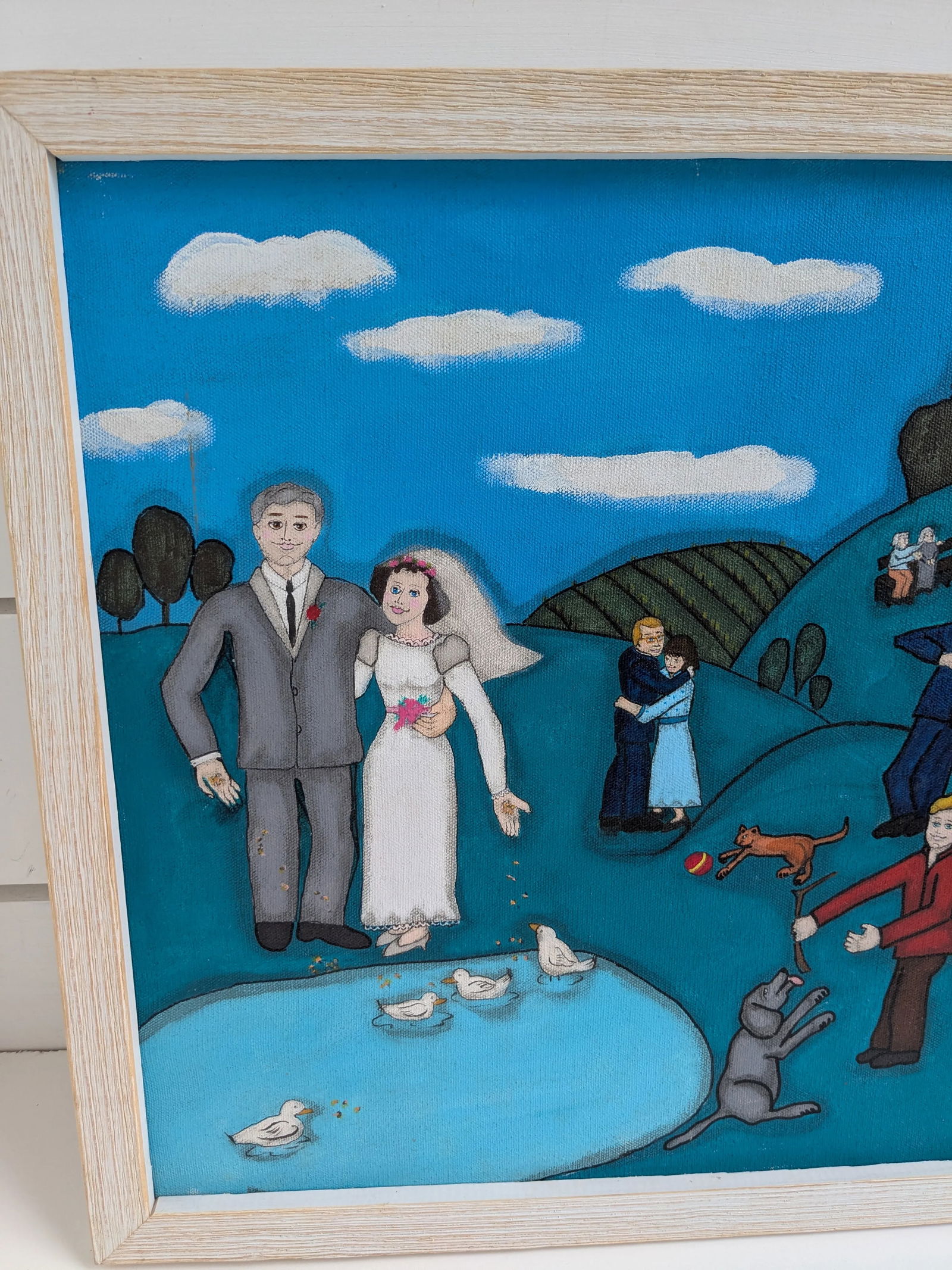 Pam Moffit Folk Art Wedding Painting – Naive Style Acrylic on Canvas 17.5" X 21.5" - 6