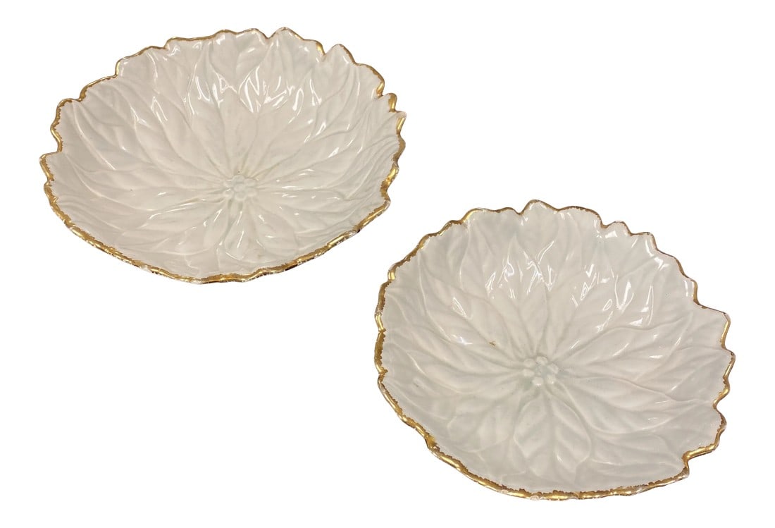 1970s Ceramic Floral White Plates W Gold Edges - a Pair: Beautiful pair of white ceramic floral. Plates with gold trim. Perfect for display on any tabletop and for the interior designer. Condition: Alterations: Original Condition Unaltered Imperfections: