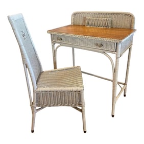 Mid 20th Century Vintage Mid Century Wicker & Wood Top Writing Desk and Chair Set of 2
