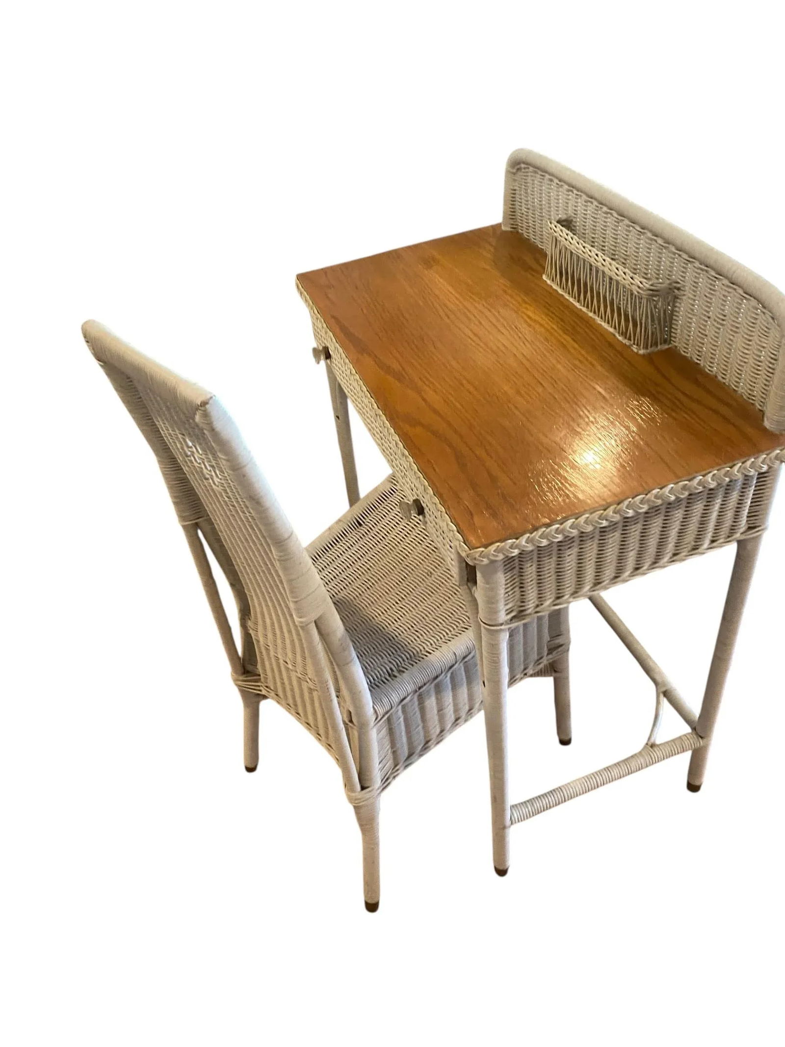Mid 20th Century Vintage Mid Century Wicker & Wood Top Writing Desk and Chair Set of 2 - 2