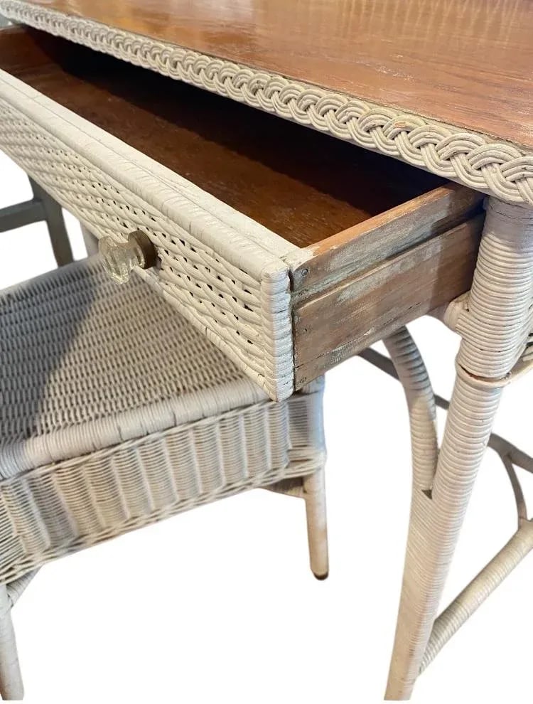 Mid 20th Century Vintage Mid Century Wicker & Wood Top Writing Desk and Chair Set of 2 - 3