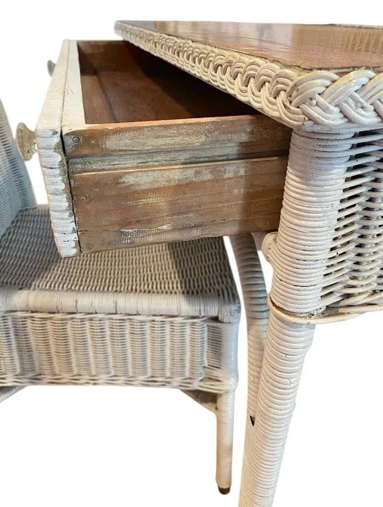 Mid 20th Century Vintage Mid Century Wicker & Wood Top Writing Desk and Chair Set of 2 - 5