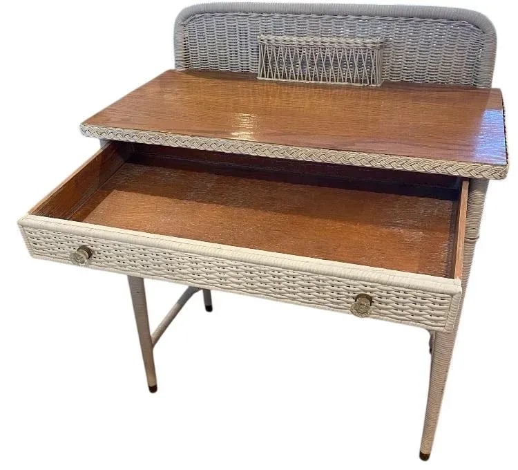 Mid 20th Century Vintage Mid Century Wicker & Wood Top Writing Desk and Chair Set of 2 - 6
