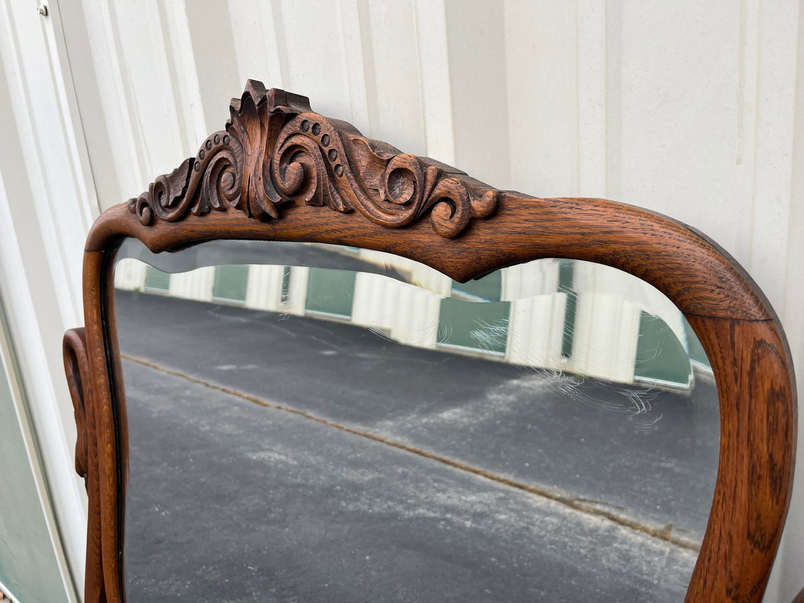 Antique Carved Swans Articulating Beveled Glass Oak Dressing Mirror - 10