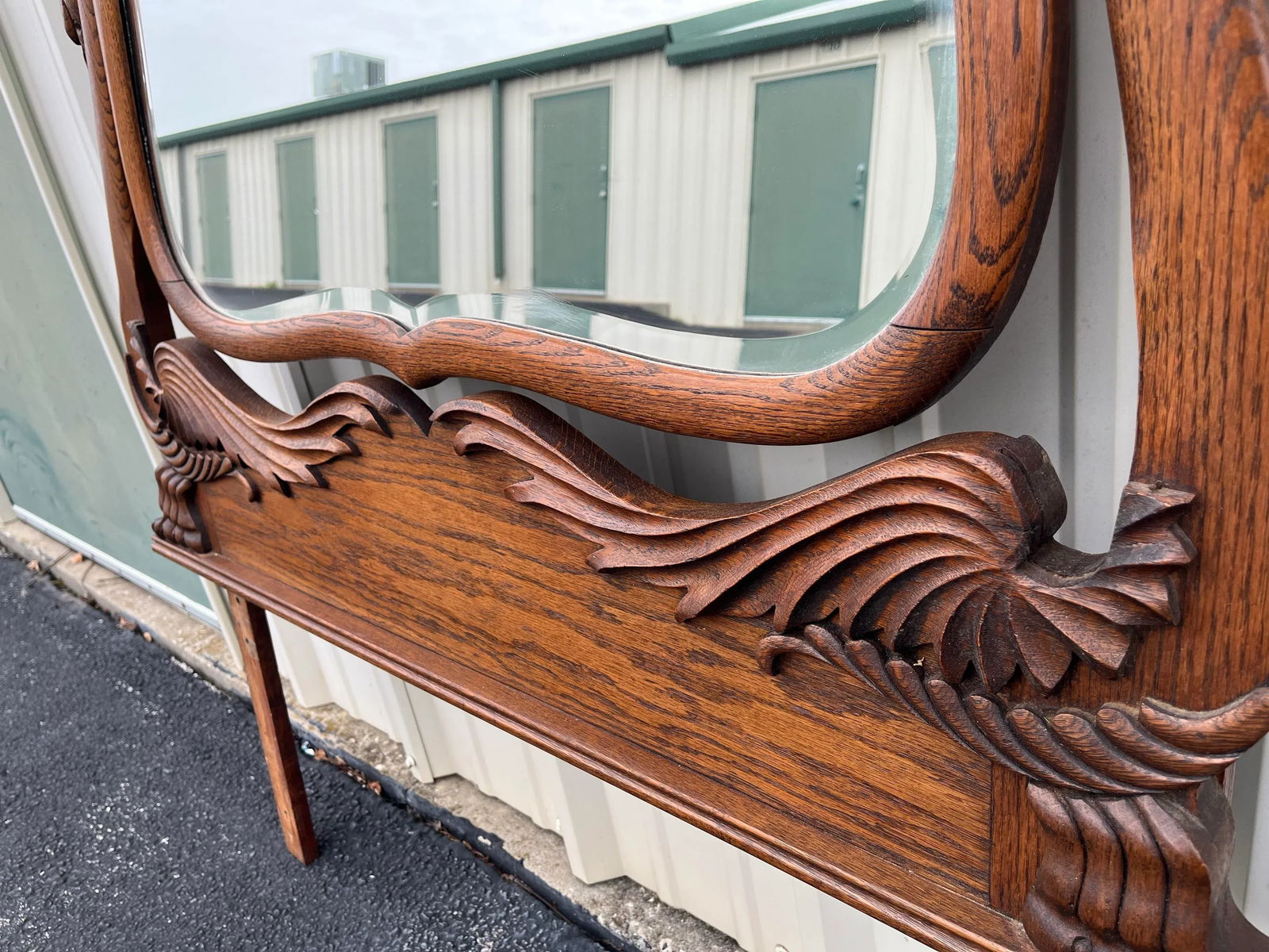 Antique Carved Swans Articulating Beveled Glass Oak Dressing Mirror - 11