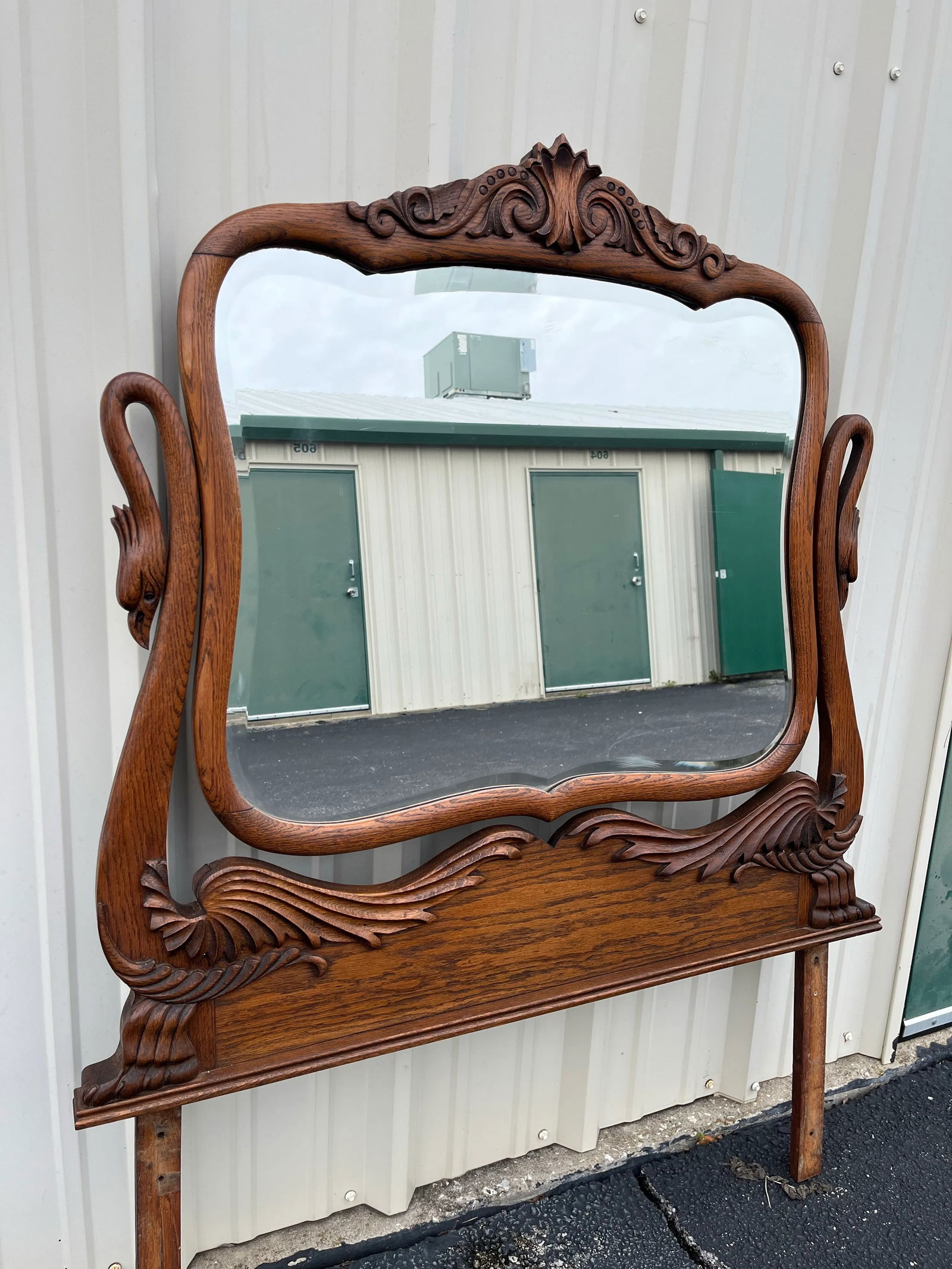 Antique Carved Swans Articulating Beveled Glass Oak Dressing Mirror - 13