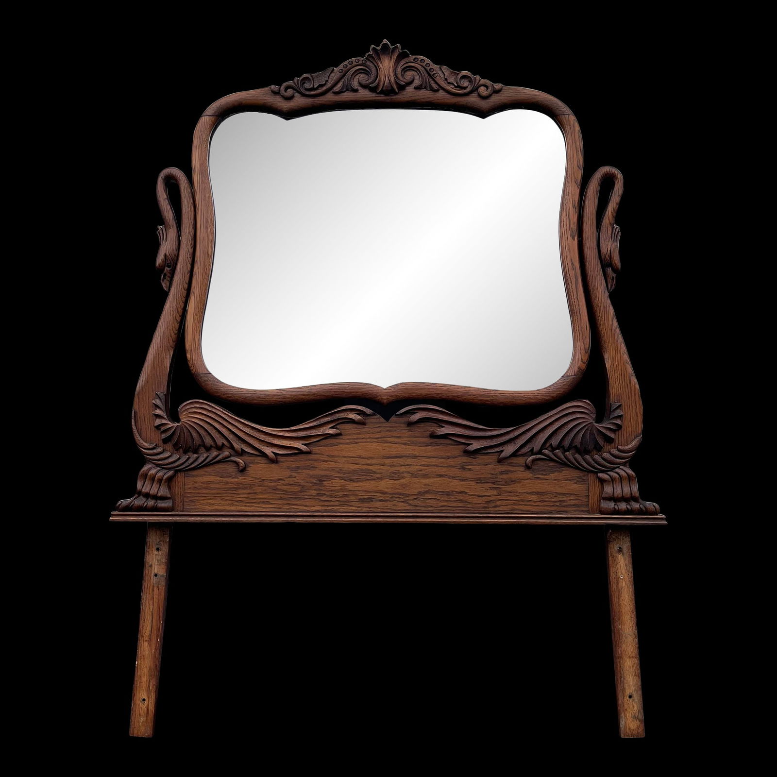 Antique Carved Swans Articulating Beveled Glass Oak Dressing Mirror - 2