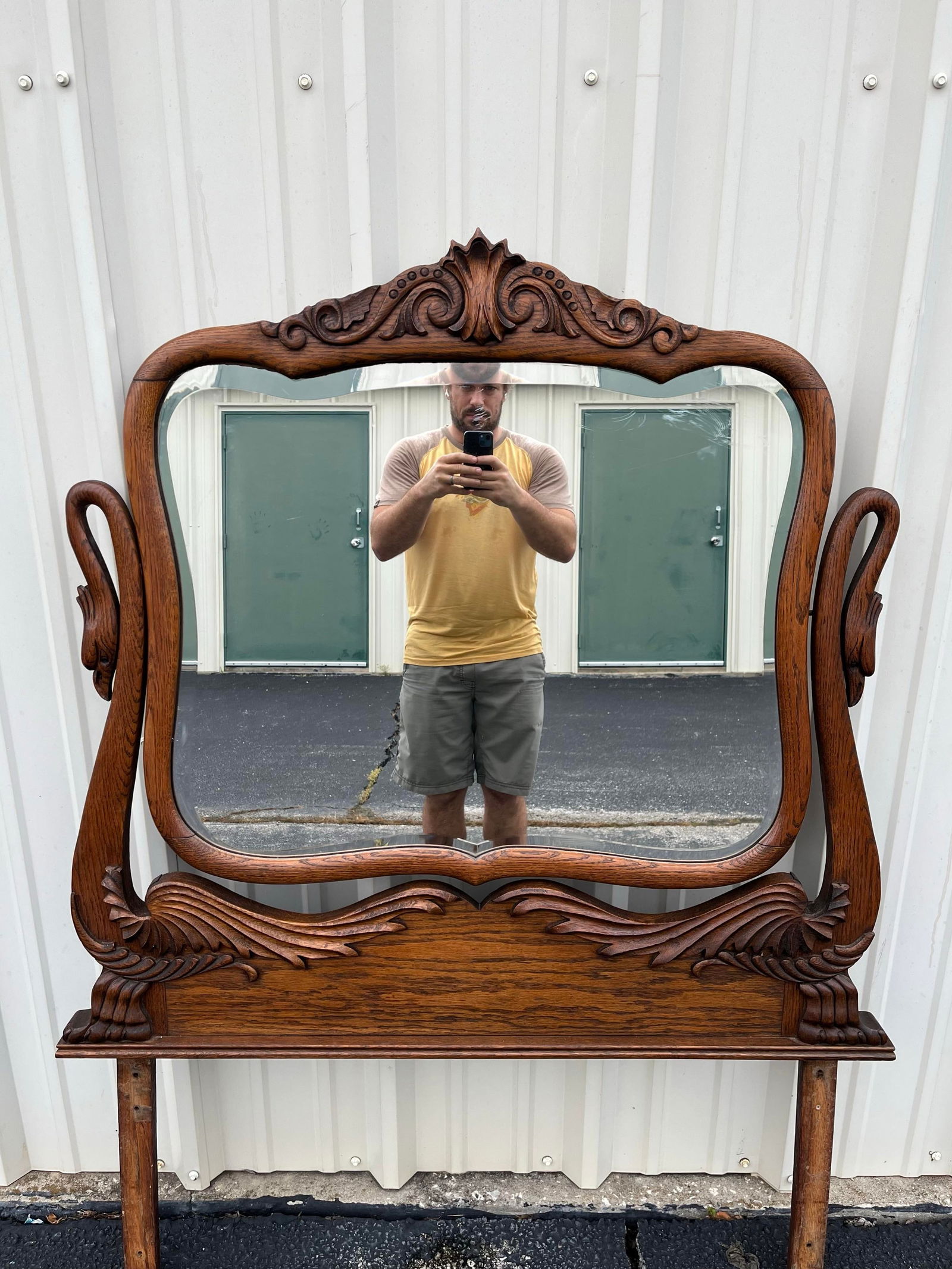 Antique Carved Swans Articulating Beveled Glass Oak Dressing Mirror - 3