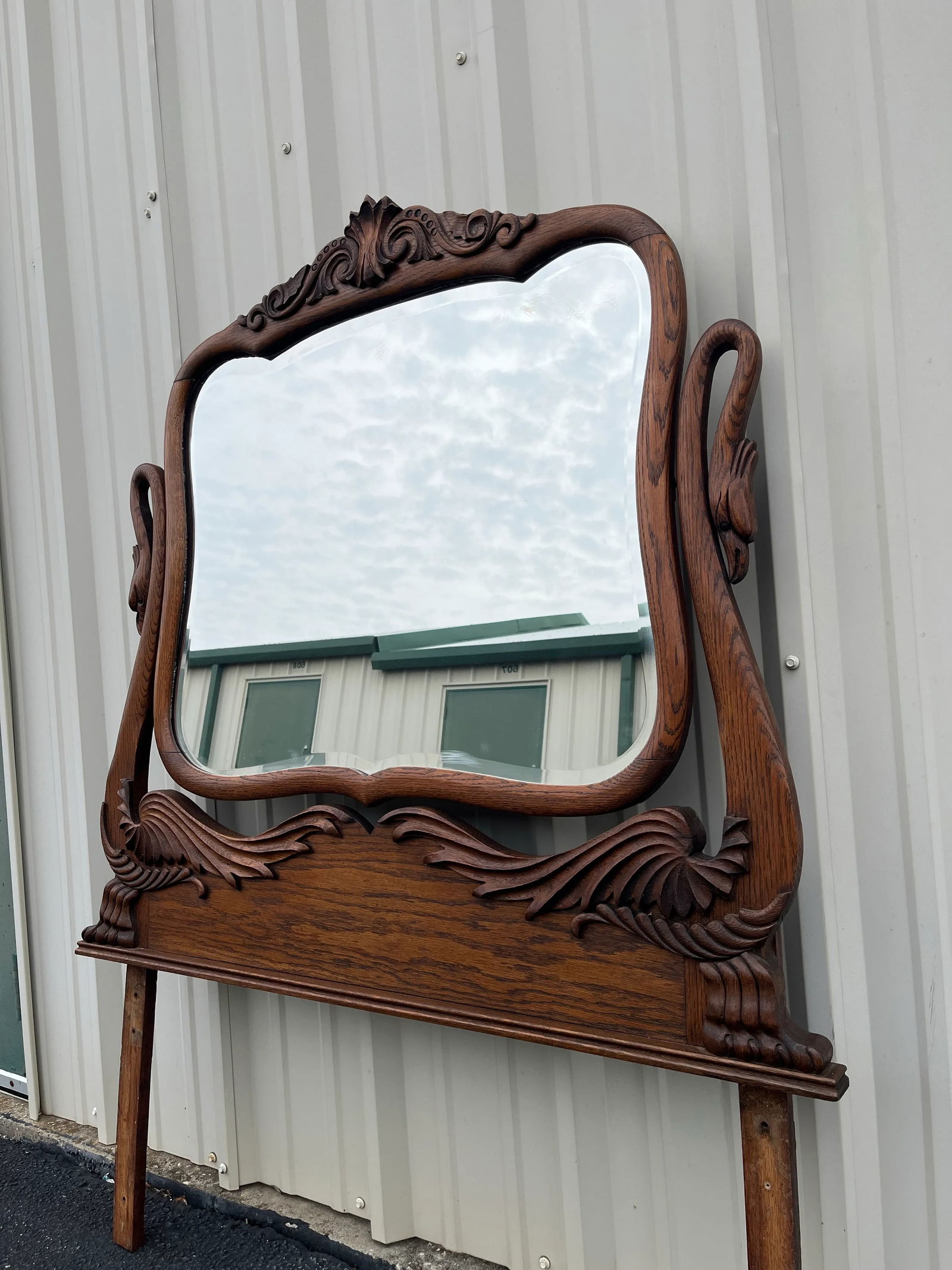 Antique Carved Swans Articulating Beveled Glass Oak Dressing Mirror - 4