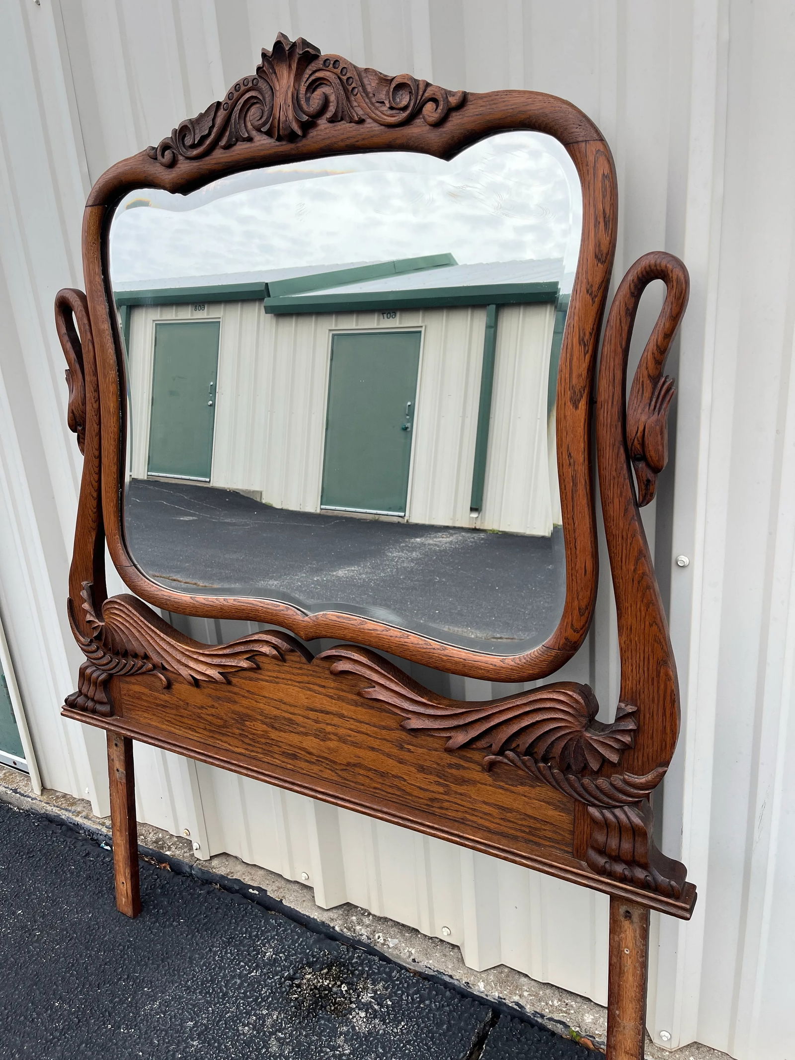 Antique Carved Swans Articulating Beveled Glass Oak Dressing Mirror - 5