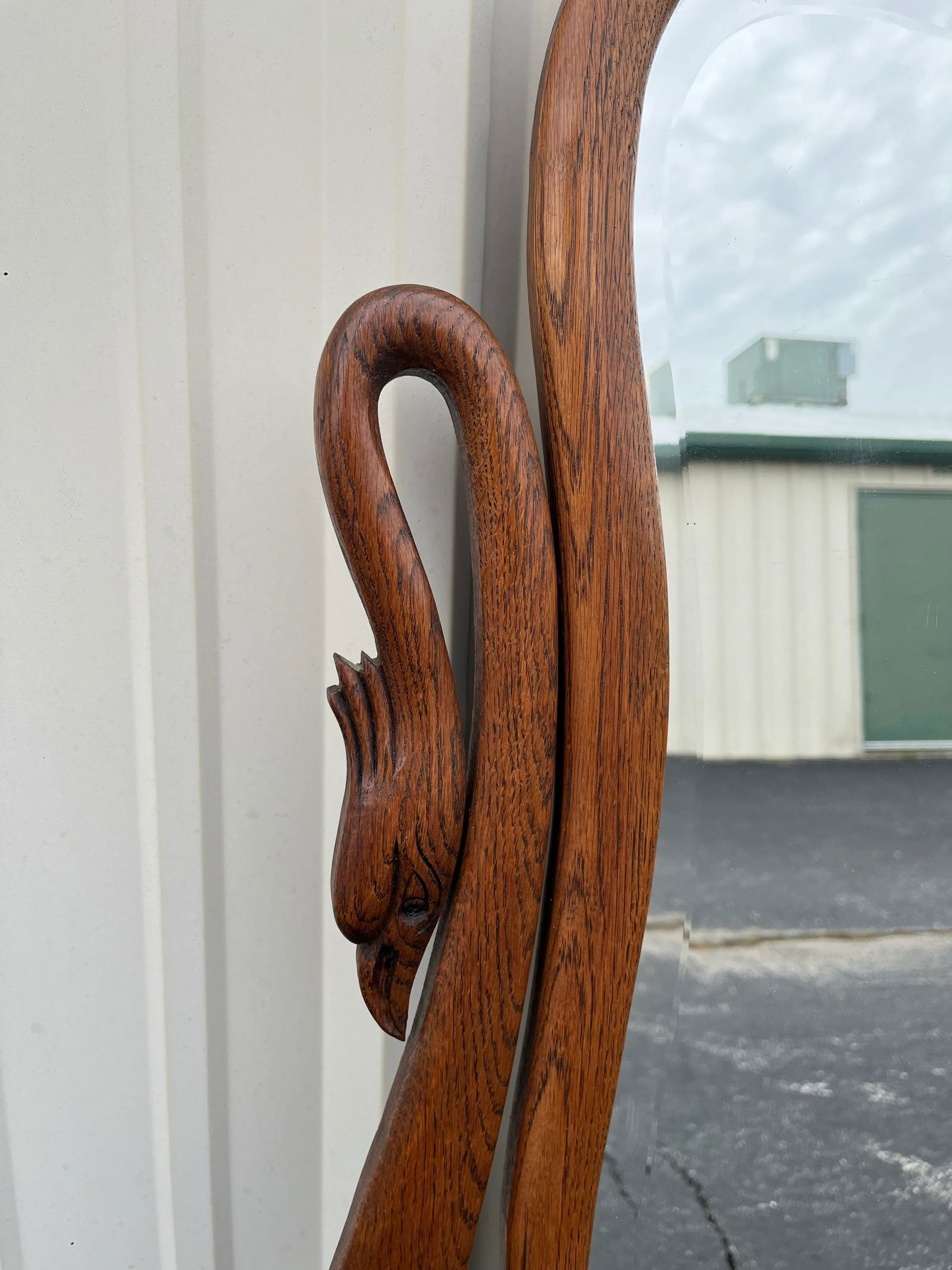 Antique Carved Swans Articulating Beveled Glass Oak Dressing Mirror - 6