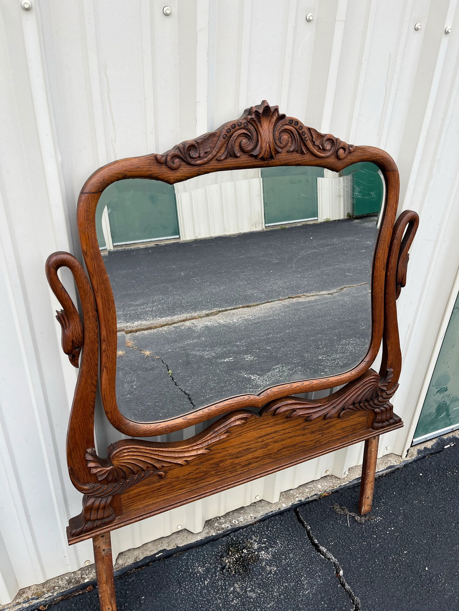 Antique Carved Swans Articulating Beveled Glass Oak Dressing Mirror - 7