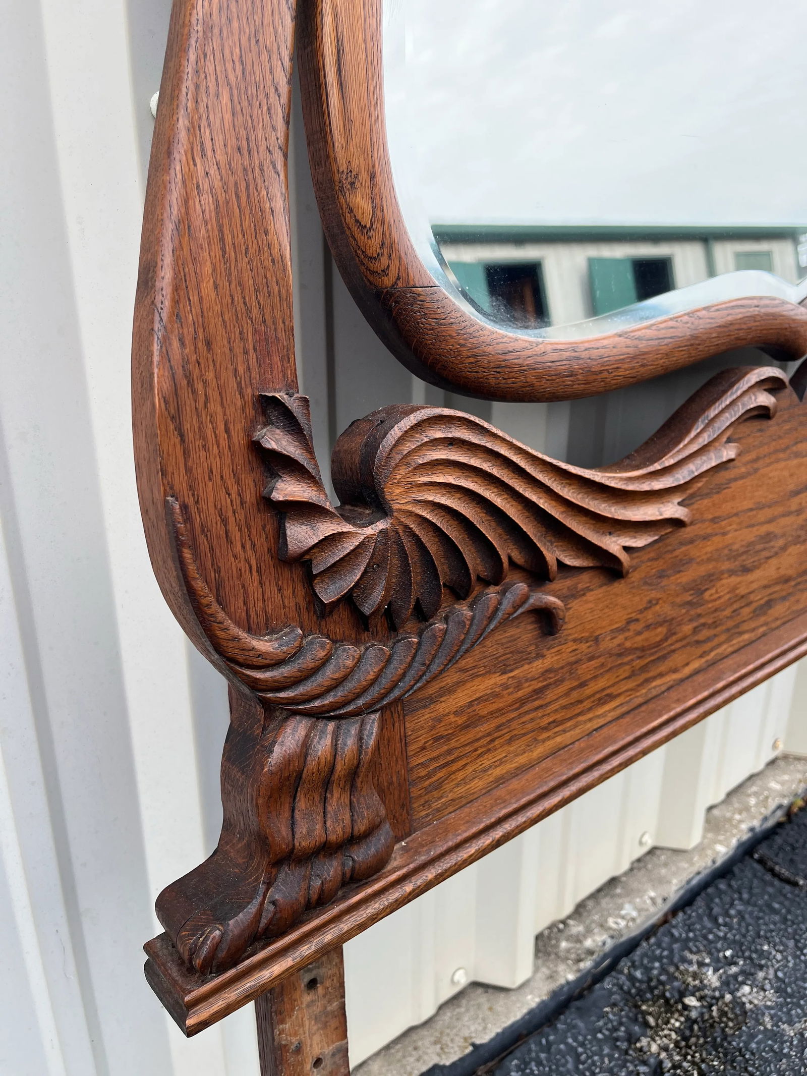 Antique Carved Swans Articulating Beveled Glass Oak Dressing Mirror - 8