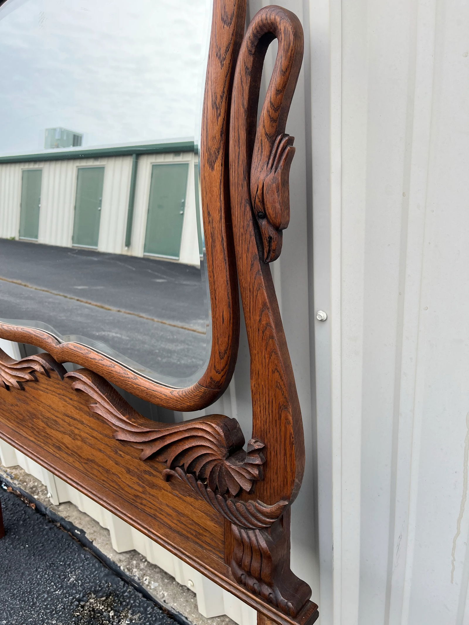 Antique Carved Swans Articulating Beveled Glass Oak Dressing Mirror - 9