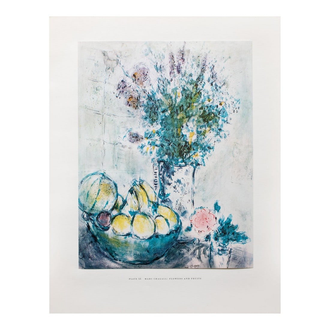 1950s After Marc Chagall "Flowers and Fruits", First Edition Period Full-Color Print: A rare period vintage full-color print of oil painting "Flowers and Fruits" by Marc Chagall from a First Edition art folio of The Albert D. Lasker Collection. Printed in Switzerland in the 1950s,