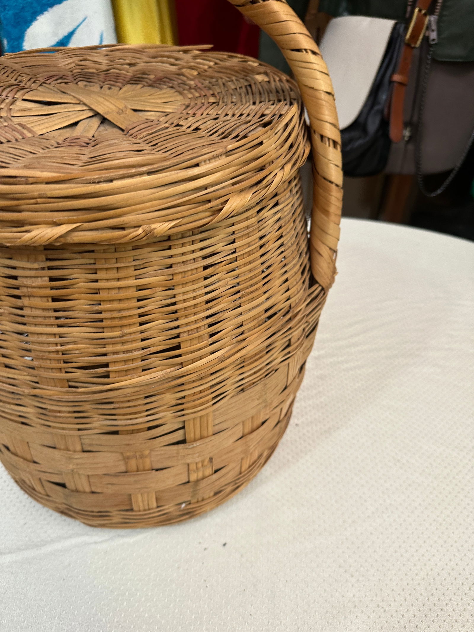 1970s Handmade Vintage Large Wicker Basket With Matching Lid - 12