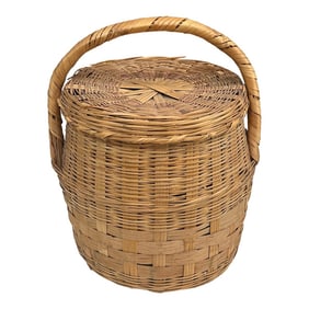 1970s Handmade Vintage Large Wicker Basket With Matching Lid