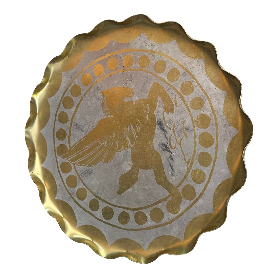 Vintage Gold and Silver Pegasus Decorative Tray: Up for consideration is a beautiful vintage gold and silver Pegasus decorative tray. This whimsical tray is a perfect conversation starter at your next event, and it's a great piece for the interior d