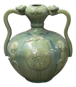 Orient Celadon Green Motif Amphora Body Ceramic Vase Jar