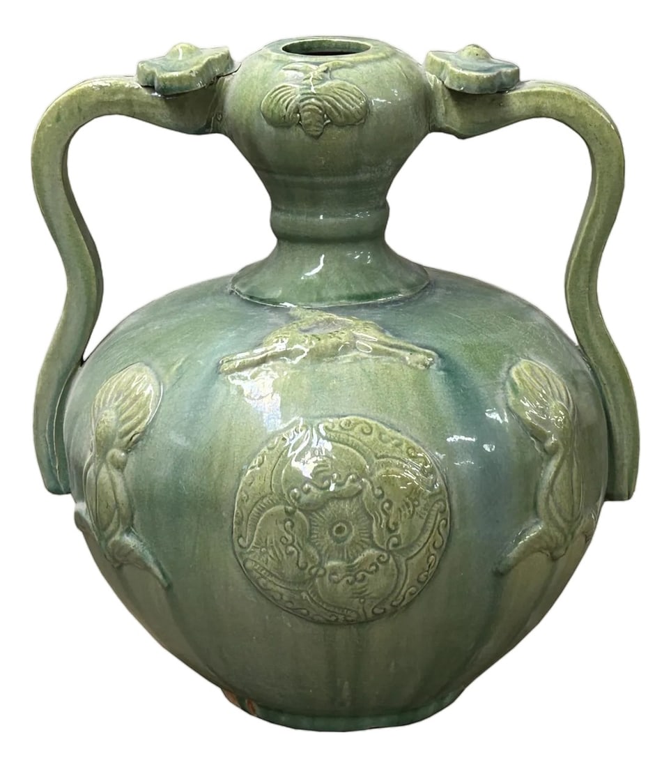Orient Celadon Green Motif Amphora Body Ceramic Vase Jar: Introduce an undeniable touch of sophisticated tranquility into your home with this stunning celadon green amphora. Its serene hue, reminiscent of jade, creates a calming focal point in any room. The