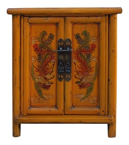 Oriental Distressed Orange Yellow Phoenix Flower End Table Nightstand