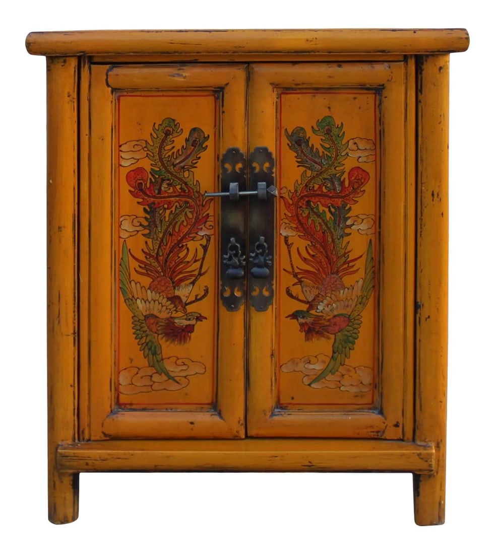 Oriental Distressed Orange Yellow Phoenix Flower End Table Nightstand: This is a handmade Chinese accent decorative end table nightstand with a distressed orange yellow #F49402 base color. The front and the top is handpainted with oriental floral and phoenix bird graphic