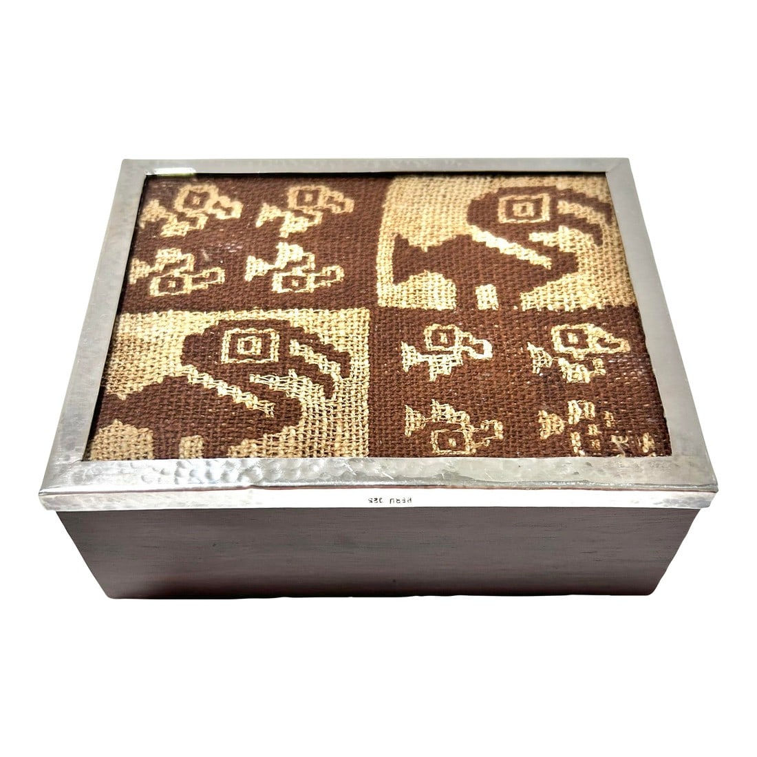 1960s Sterling Silver & Exotic Wood Boxe With Antique Textile Top Peruvian: Vintage CumarÃº wood box trimmed in sterling silver. It frames a Pre Columbian, hand woven, Chancay textile with a figurative/geometric pattern. The box is carved from a single block of
