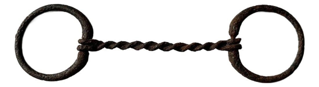 Antique Twisted Horse Snaffle Bit, 1880's: Here is a unique antique forged and twisted horse snaffle bit. This bit would be a great gift for a collector, or use as coffee table décor in an equestrian home. Â· 5" bit size x