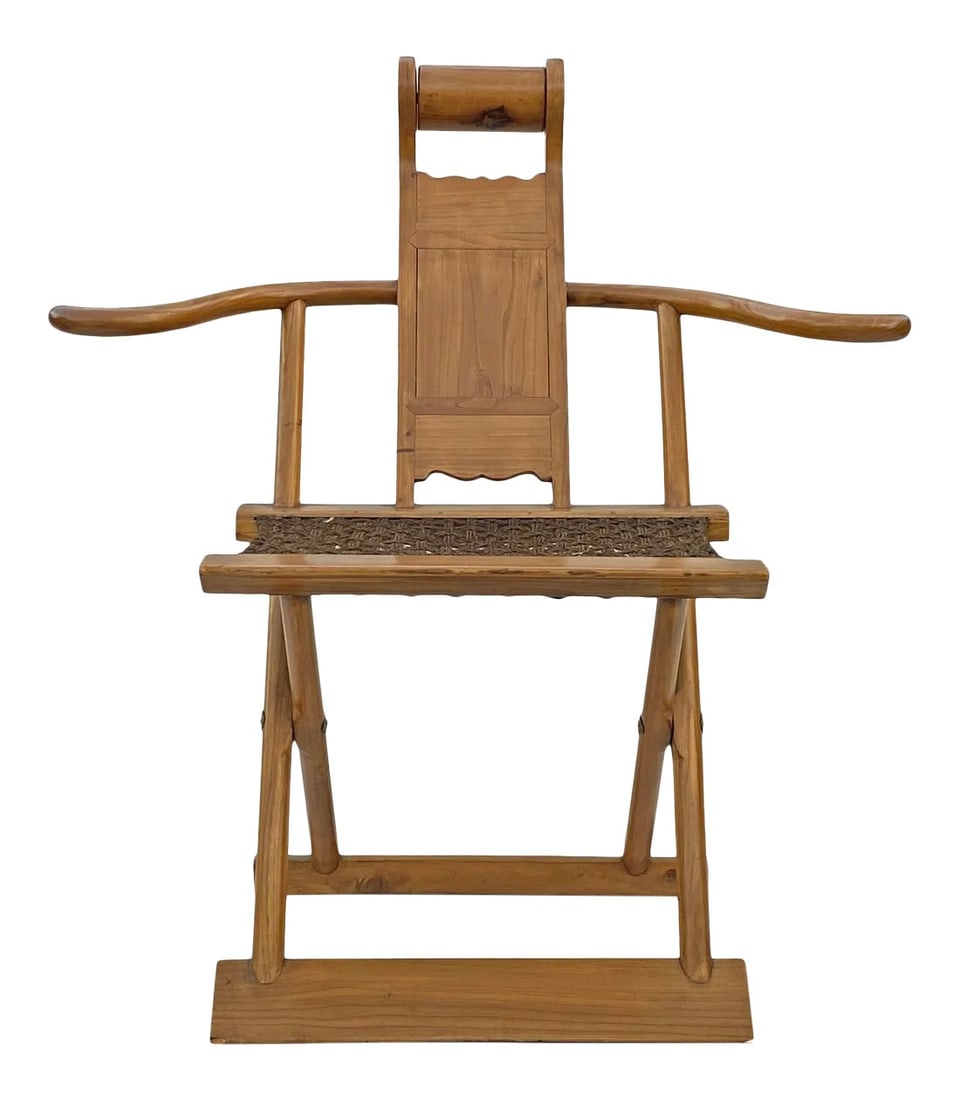 Chinese Elm Wood Wool Seat Wide Arm Folding Armchair: This is an oriental folding chair with a light brown color finish and wool mat seat. It has a simple slim wide arm design. The back has a rolling round head neck support. Chair Dimensions: w36" x