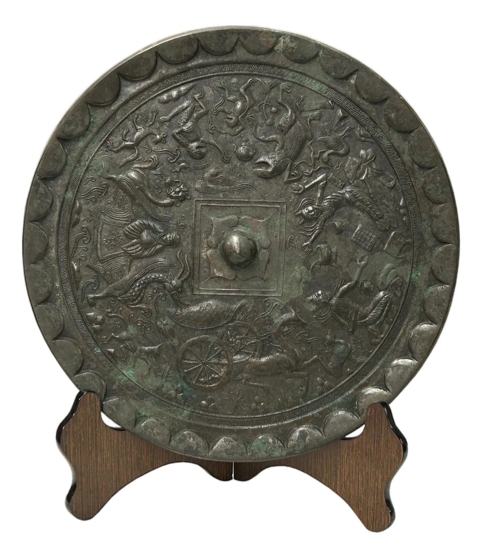 Green Gray Metal Crafted Round Fengshui Harmony Plaque Display Art: Discover a rare masterpiece of ancient artistry with this exquisitely crafted bronze mirror. Its surface, rich with the patina of centuries, unveils a dynamic tableau of mythical creatures, celestial