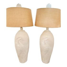 Tall Pair of Plaster Table Lamps With Relief Herons and Leaves From 80's
