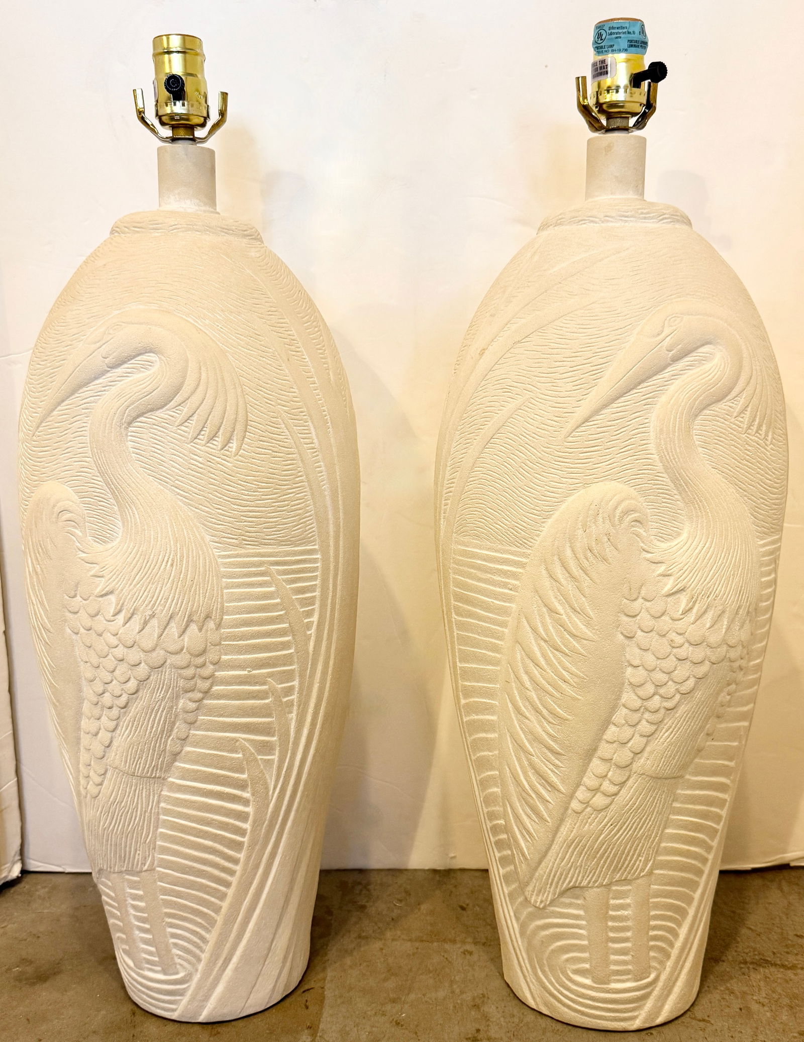 Tall Pair of Plaster Table Lamps With Relief Herons and Leaves From 80's - 2