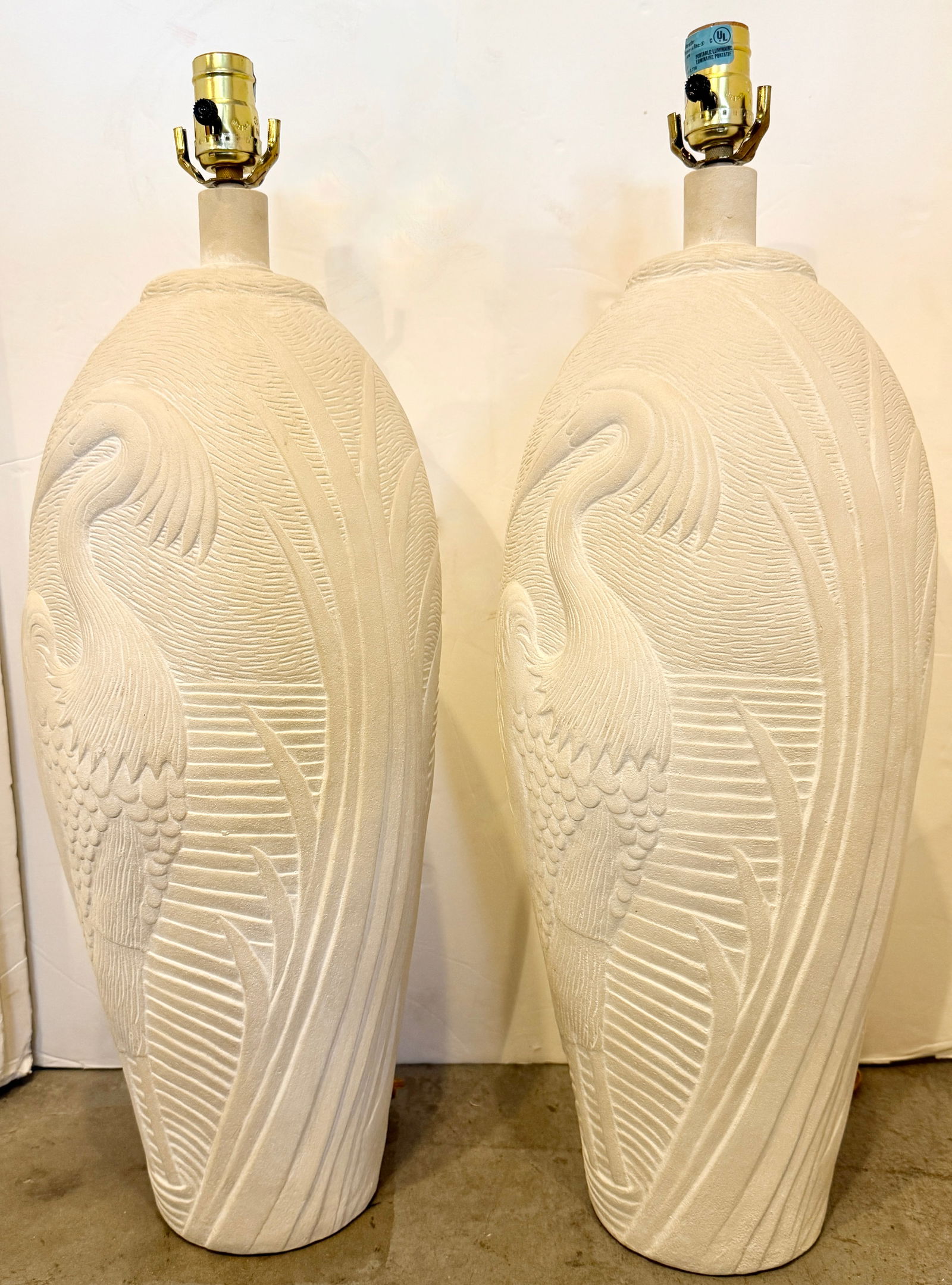 Tall Pair of Plaster Table Lamps With Relief Herons and Leaves From 80's - 3