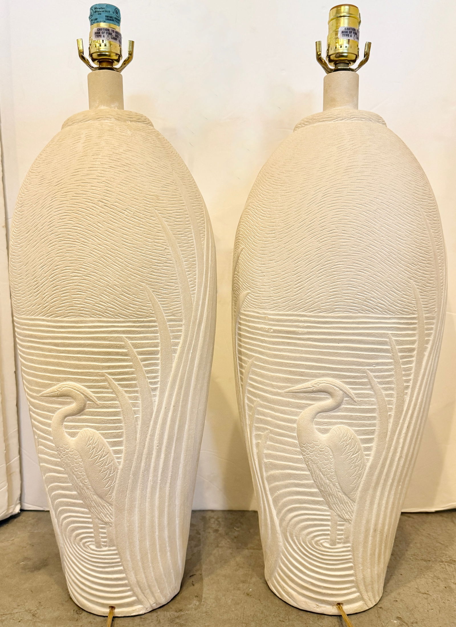 Tall Pair of Plaster Table Lamps With Relief Herons and Leaves From 80's - 5