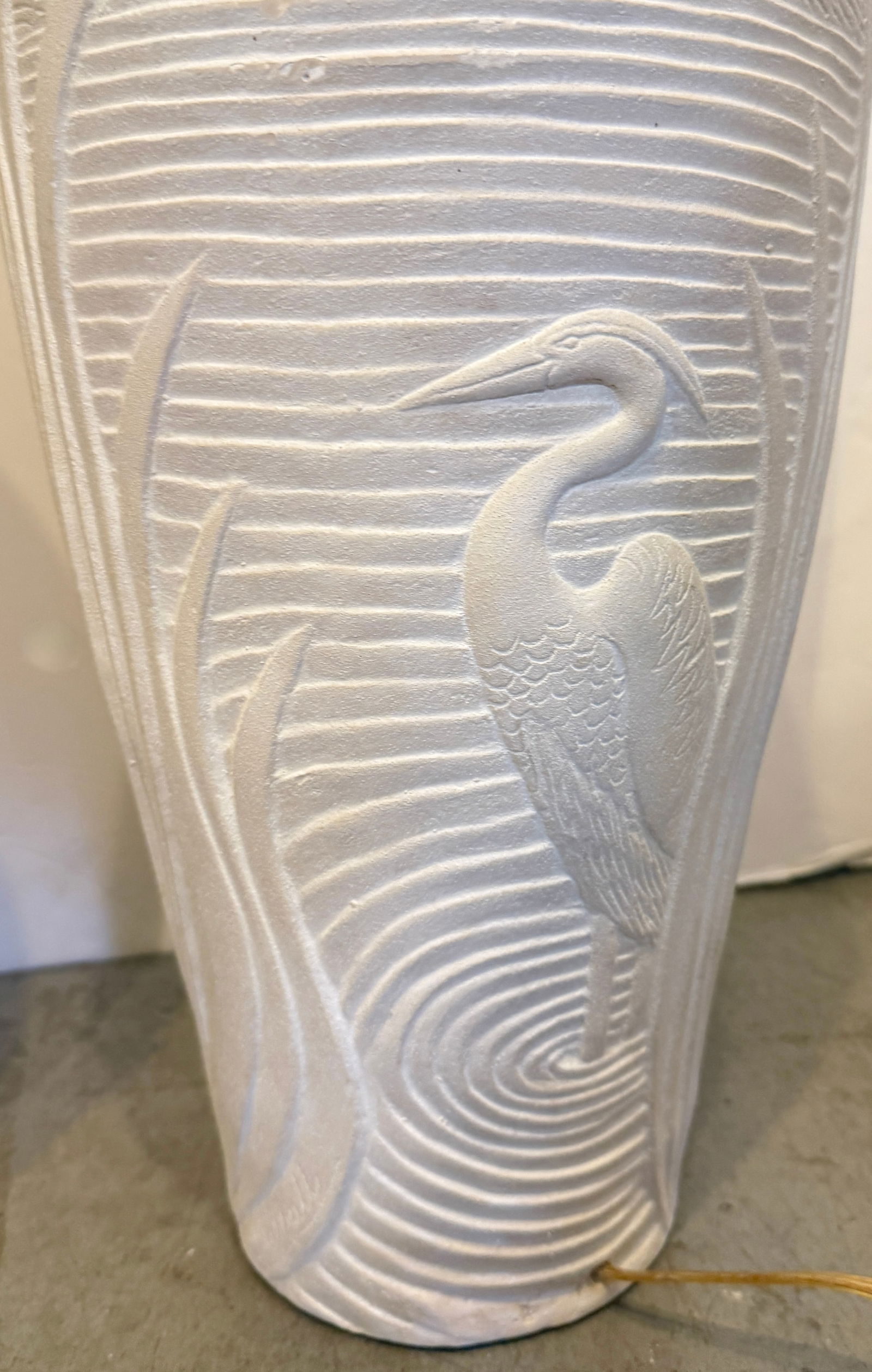 Tall Pair of Plaster Table Lamps With Relief Herons and Leaves From 80's - 7