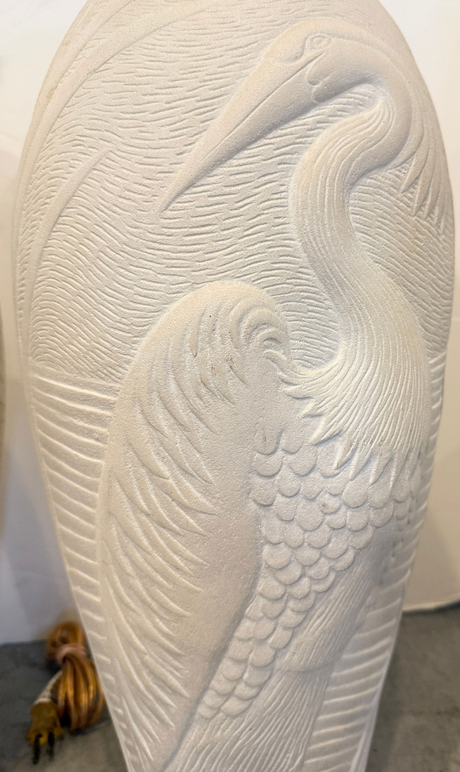 Tall Pair of Plaster Table Lamps With Relief Herons and Leaves From 80's - 8