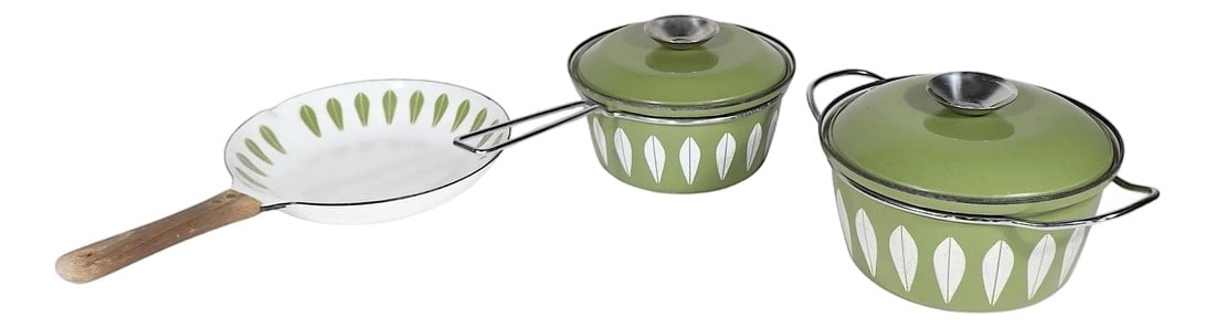 Mid 20th Century Catherineholm Lotus Pattern Cookware in Avocado and White Enamel- Set of 3: Lot of five pieces of vintage enamel cookware, Made in Sweden, circa 1960's. These pieces are part of the iconic Lotus pattern, executed in avocado and white. The lot included a covered pot ( Dia.