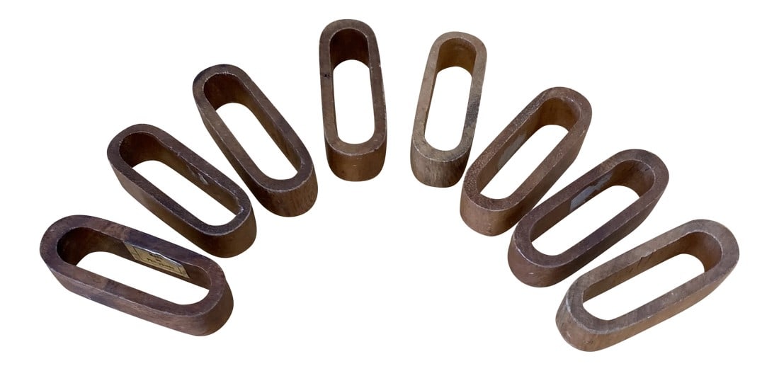 1970s Wooden Napkin Rings - Set of 8: Beautiful set of 8 wooden napkin rings. Perfect for any tablescape to add dimension. Condition: Alterations: Original Condition Unaltered Imperfections: Some Imperfections Condition Notes: In
