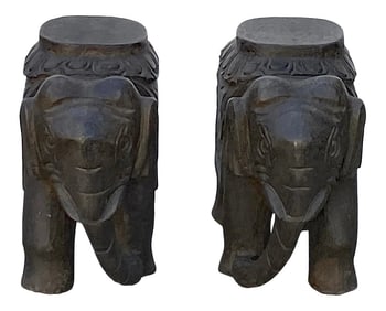 Chinese Small Distressed Black Gray Stone Fengshui Elephant Statues - a Pair